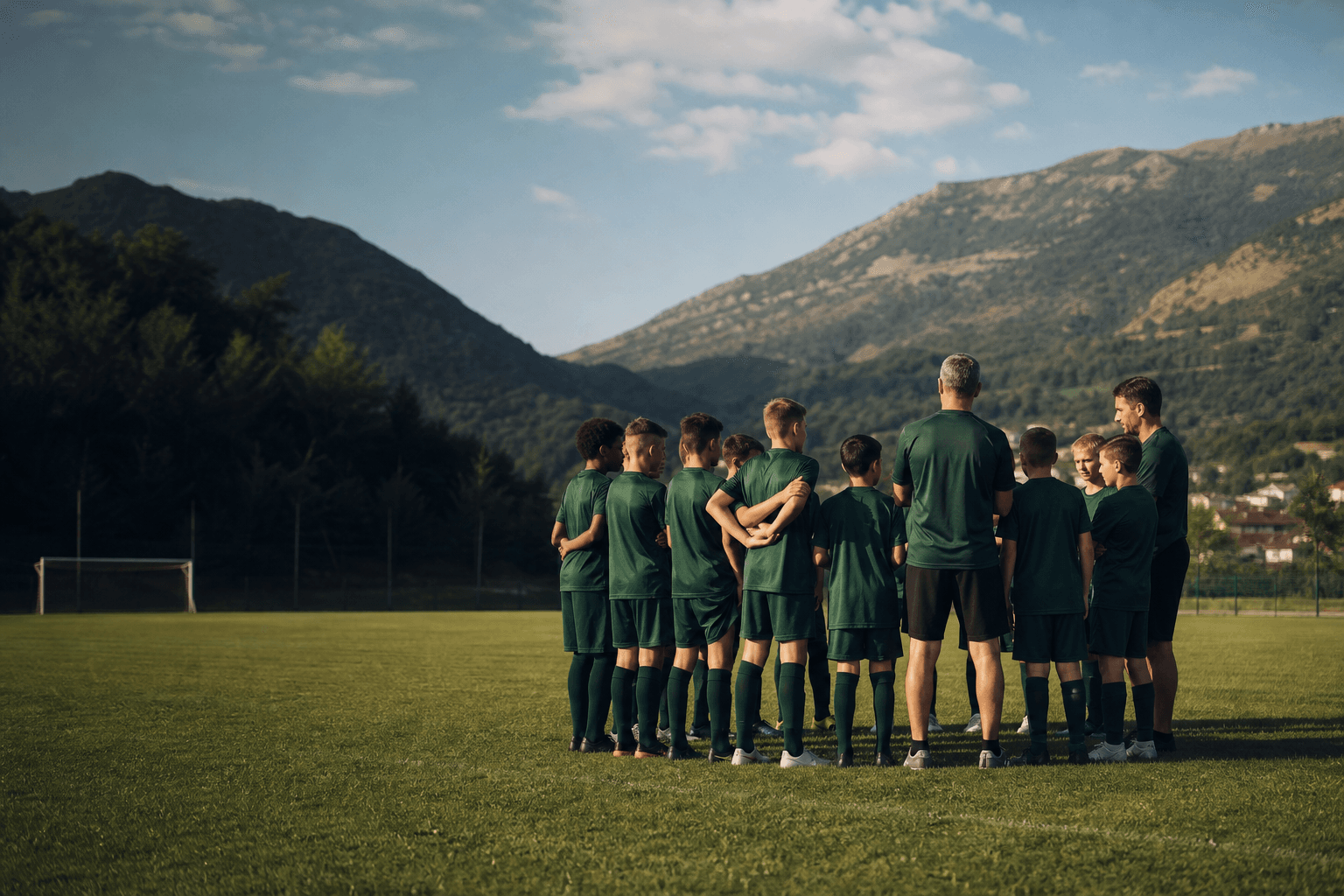 Football team training on a green pitch surrounded by Bosnian mountains