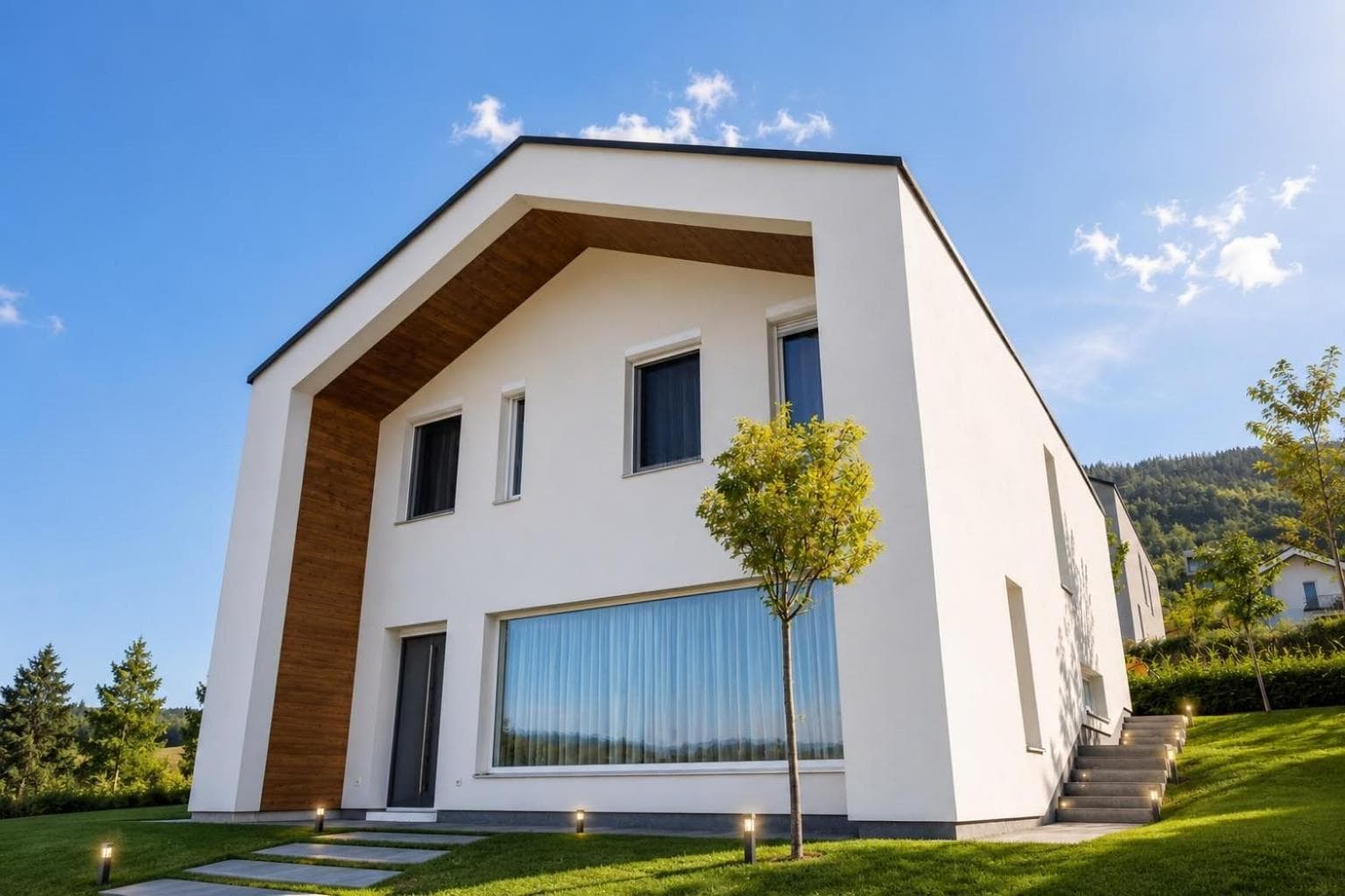 Full exterior of Villa 3 with a white facade, wooden trim and landscaped lawn